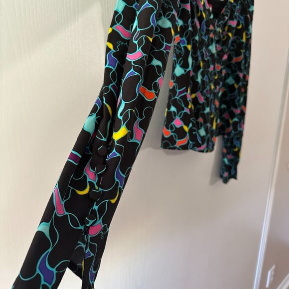 STAUD Black Multicolor‎ Print Smocked L/S Sweetheart Neck Josephine Top Size 12 - Picture 5 of 9